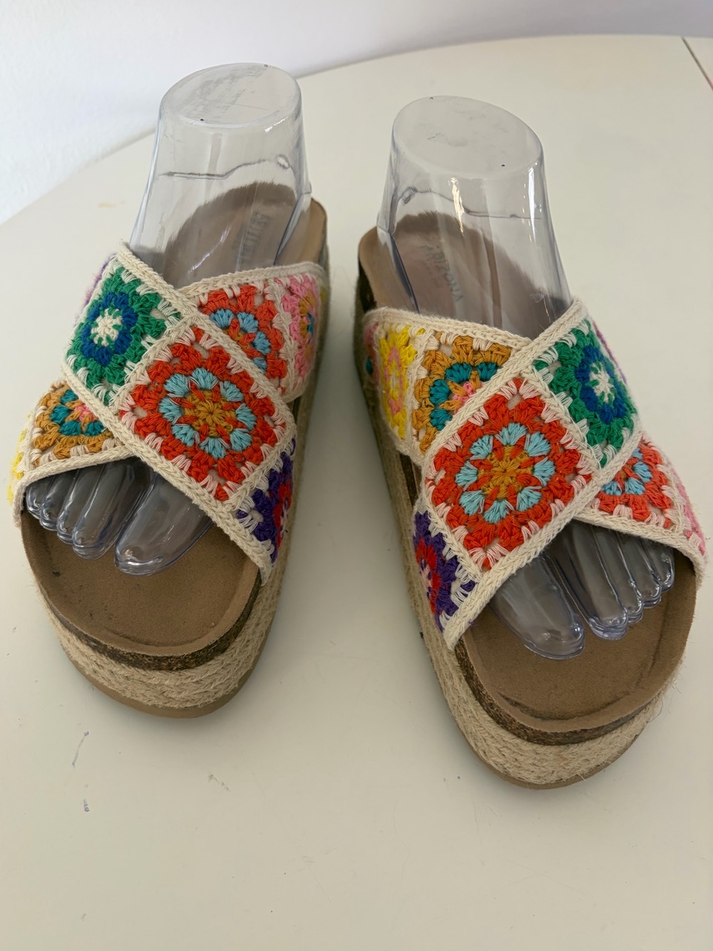 Arizona Jean Co Daisy Crochet Granny Square Platform Espadrille Slide Sandals